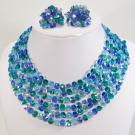 Gorgeous Signed Vogue Blue Green Aurora Borealis Glass Crystal Necklace Set