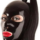 Capucha de látex negra con peluca de cola de caballo negra, cremallera trasera, máscara de goma para cosplay