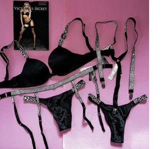 Victoria's Secret Bra Set+garter+suspenders Crystallized Black